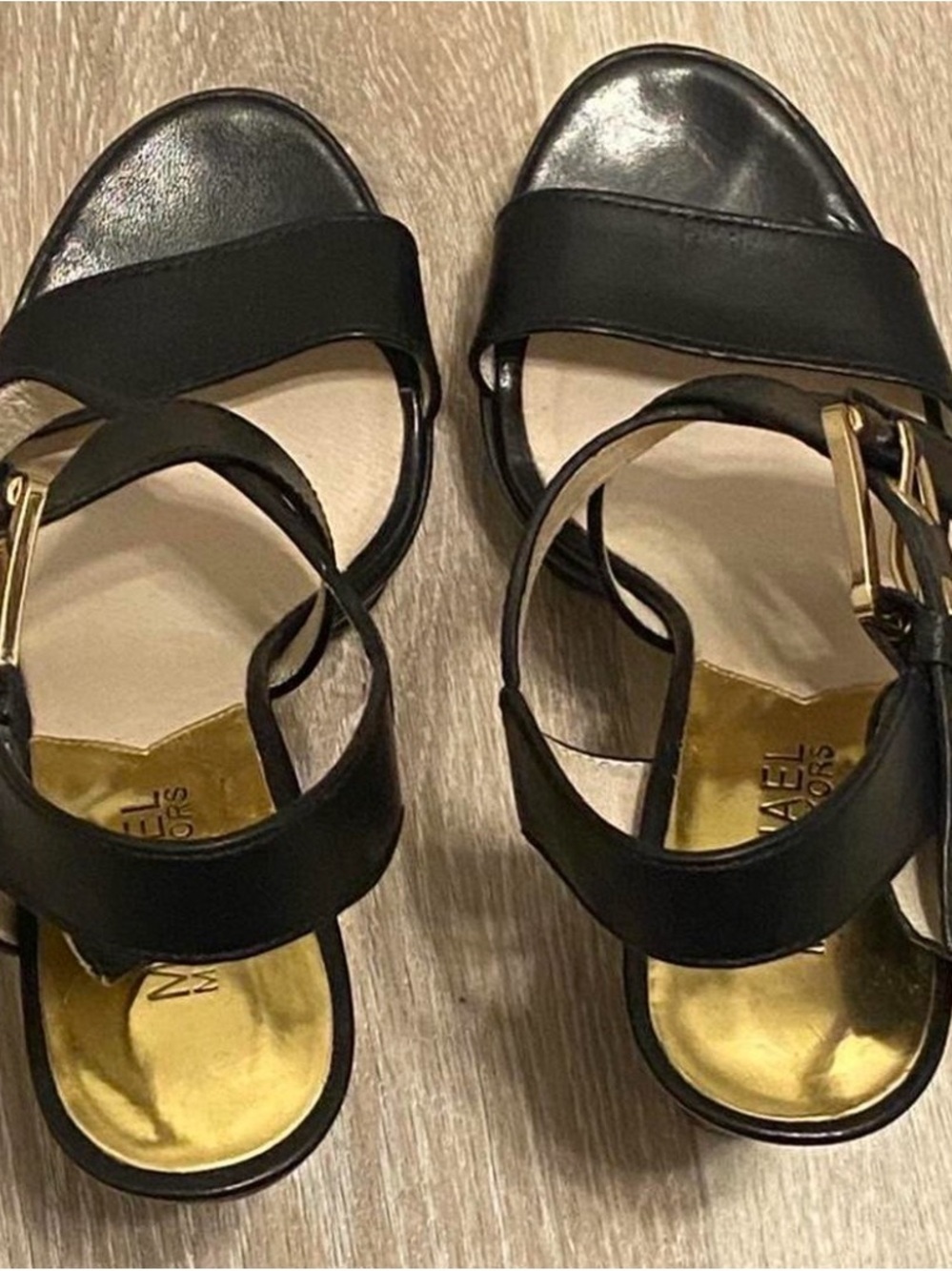 Michael Kors Black Leather Strappy Sandals with Gold Insole - Picture 6 of 8